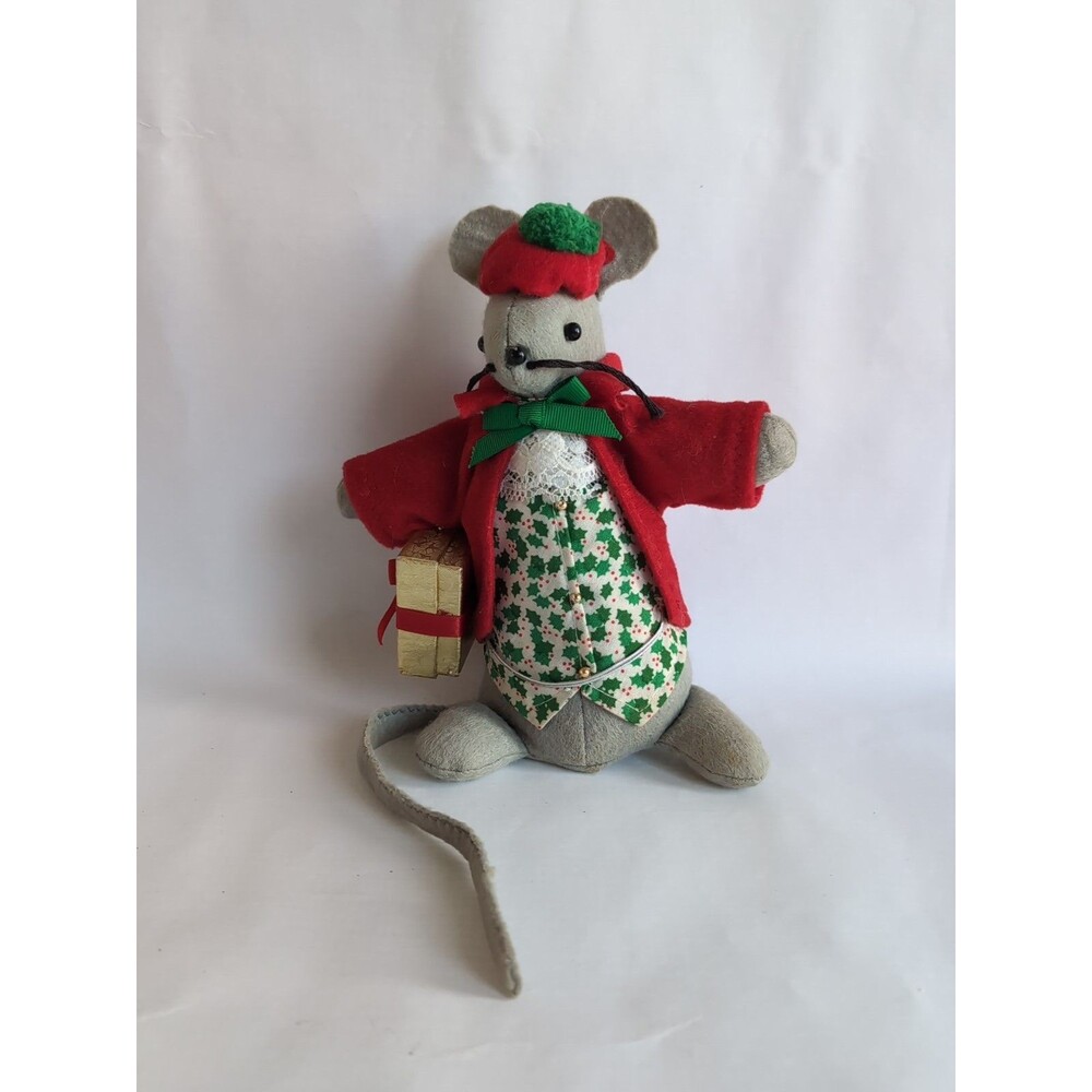 Vtg Mon Petit Chou Ltd Mouse Victorian Gray Christmas Holly Dress